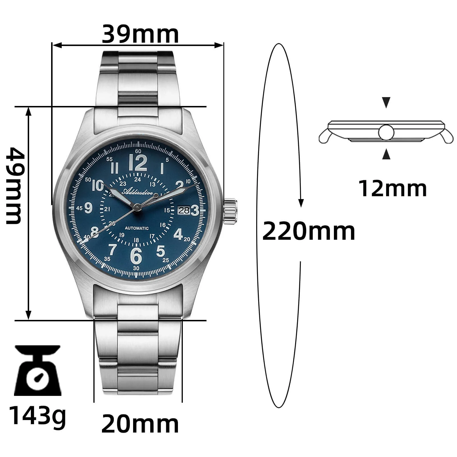 ADDIESDIVE 39mm Sapphire Crystal Automatic Watch Field Watch AD2074 - Image 17