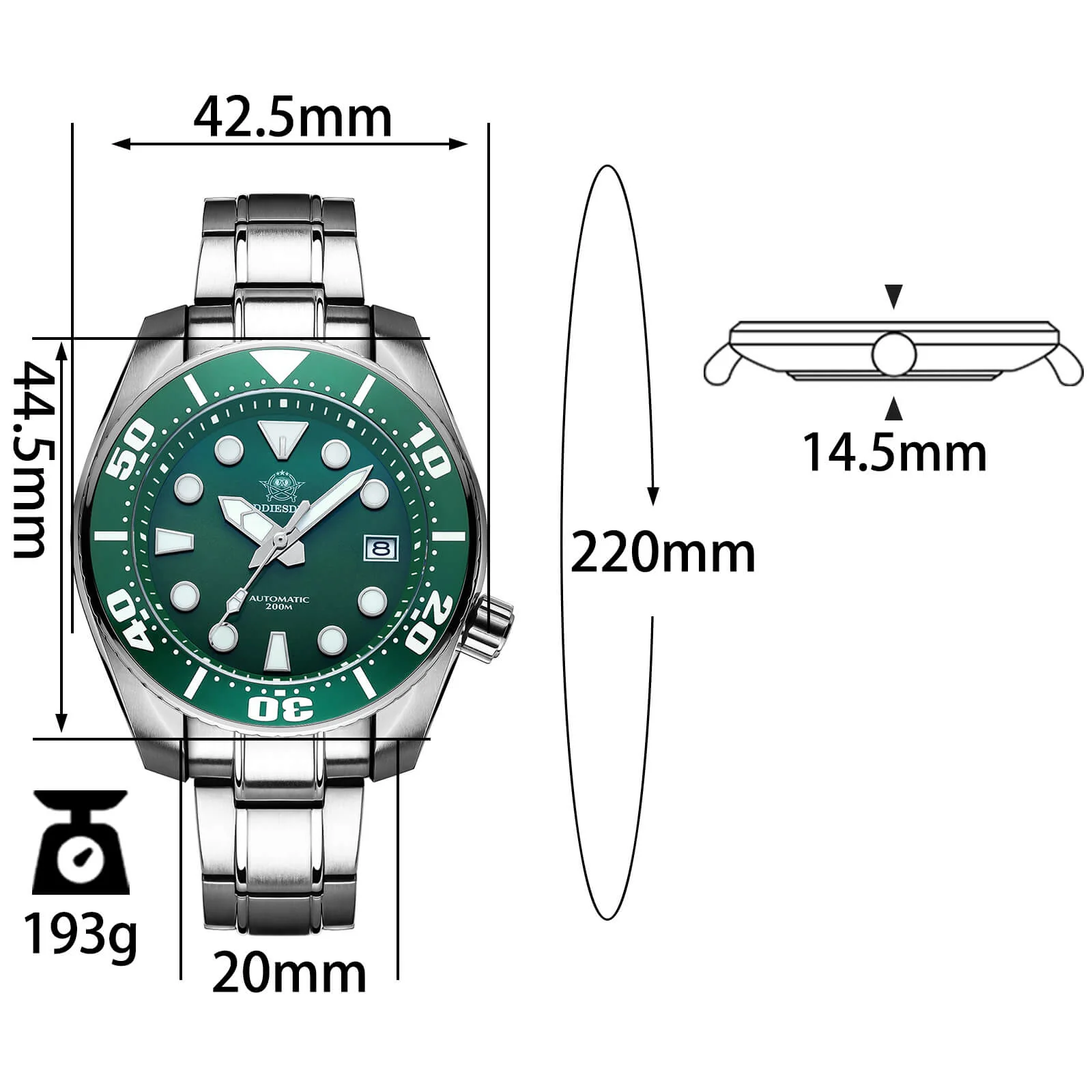 ★Holiday Sale★ADDIESDIVE® Sumo Green Professional Dive Watch for Men 44.5mm (MY-H10) Black/Green Dial - Image 4
