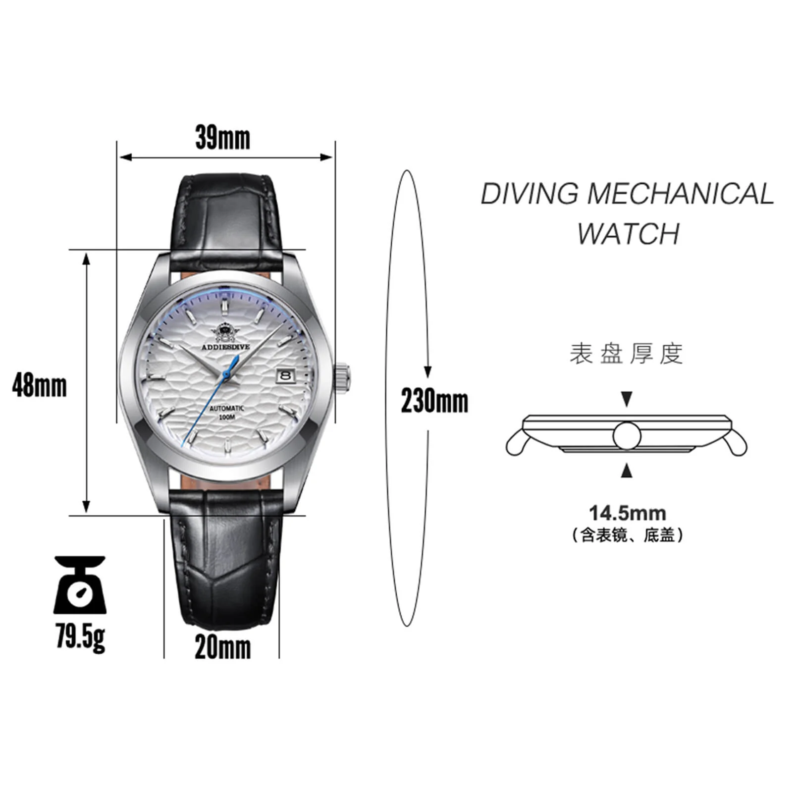 ADDIESDIVE Men's Stainless Steel White Dial with Black Leather Strap AD2118 - Image 3