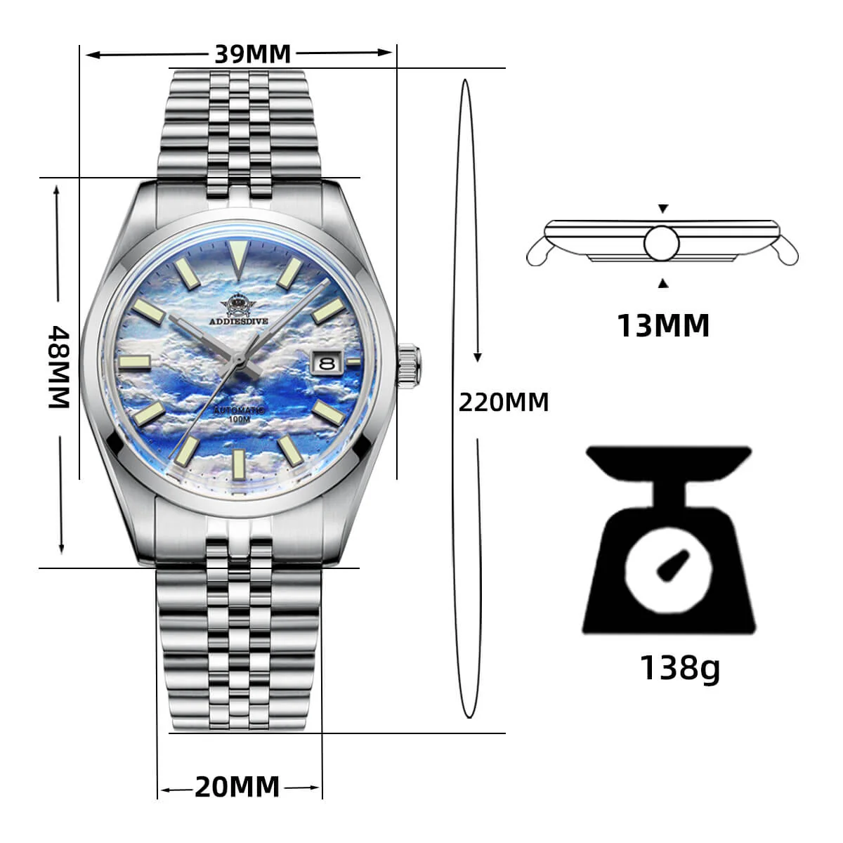 Addiesdive 39mm 3D Sea of Clouds Dial Automatic Watch （AD2041） - Image 2