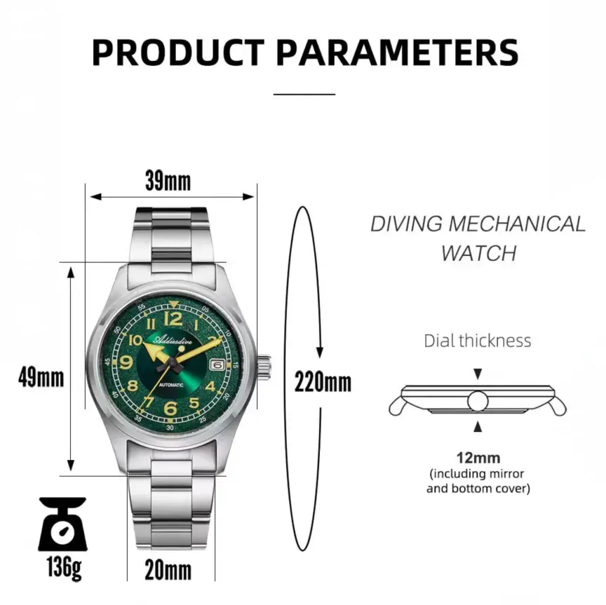 U.S. Warehouse -ADDIESDIVE 39mm Explore Retro Mechanical Men Watch AD2055 - Image 2