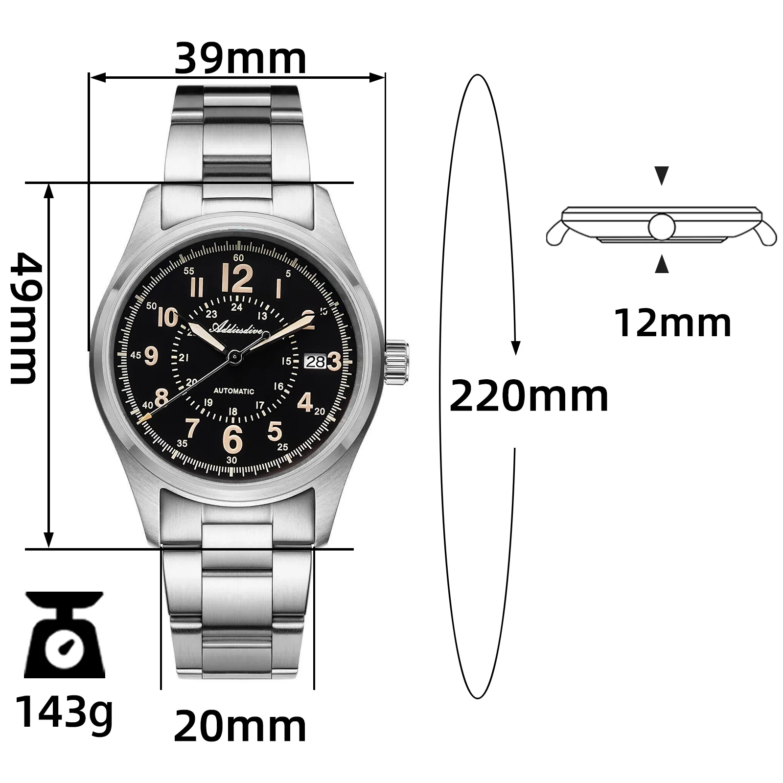 U.S. Warehouse -ADDIESDIVE 39mm Sapphire Crystal Automatic Watch Field Watch AD2074 - Image 2